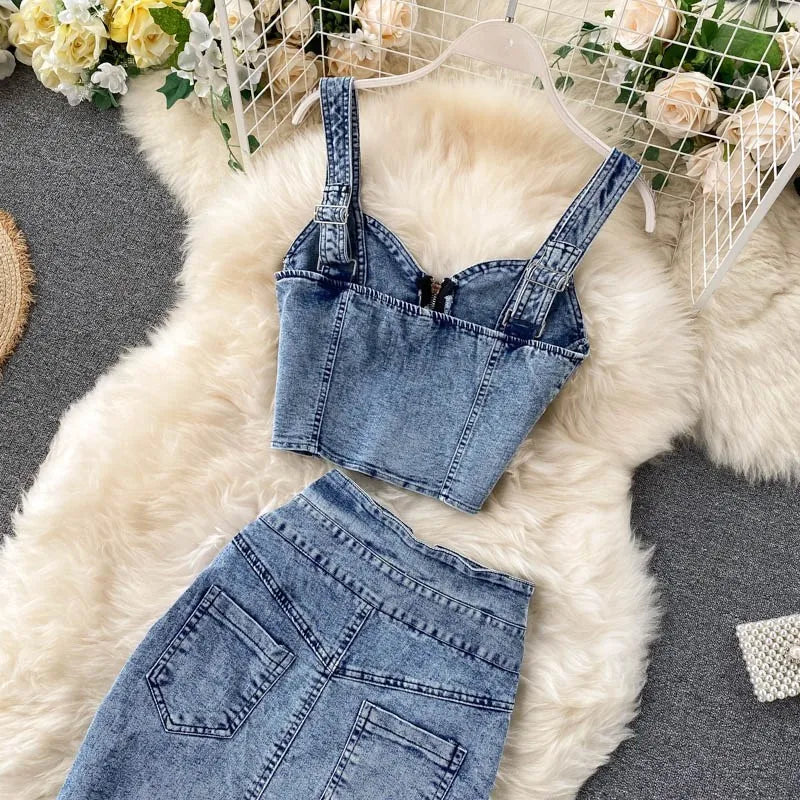 Women's Denim Top and Midi Skirt 2-Piece Set