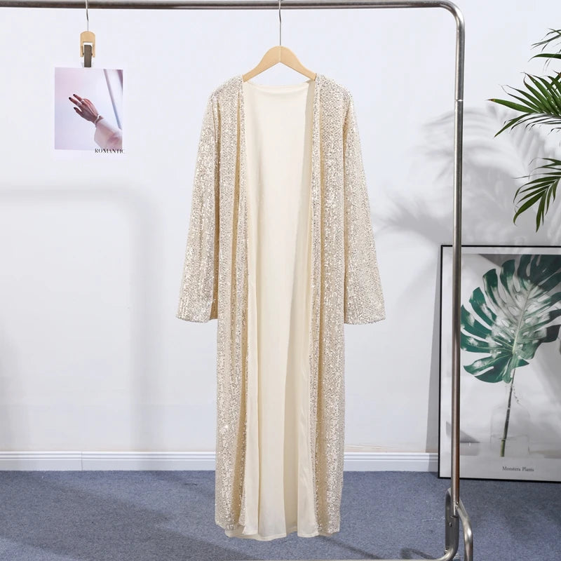 2026 Autumn Sequined Women Long Jacket Urban Full Sleeve Lining Pleated V-neck Cardigan Female Streetwear Fashion Lady Outwear