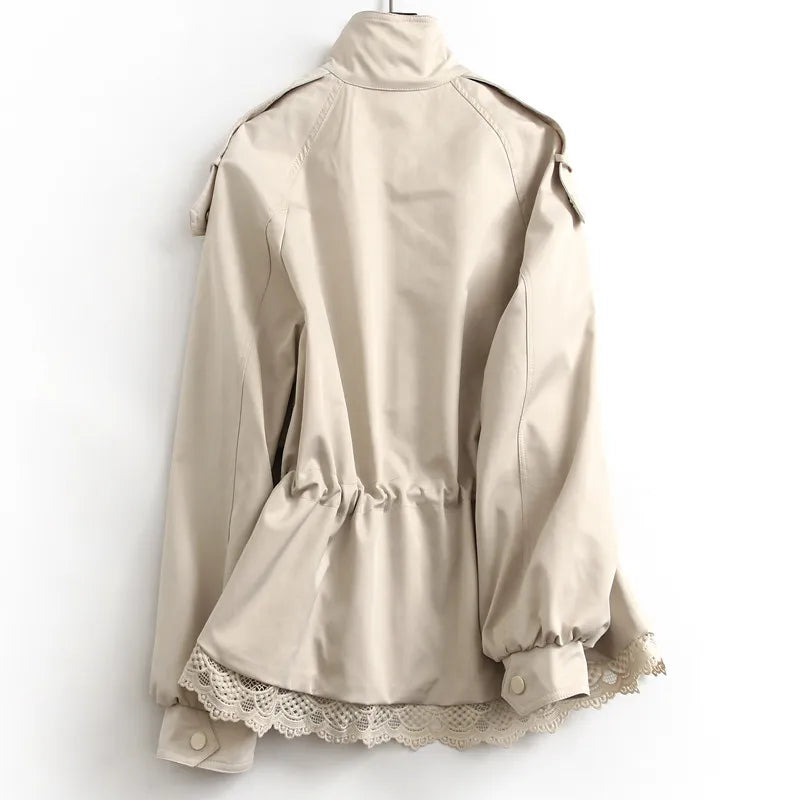 Women's Lace Trim Stand Collar Trench Coat