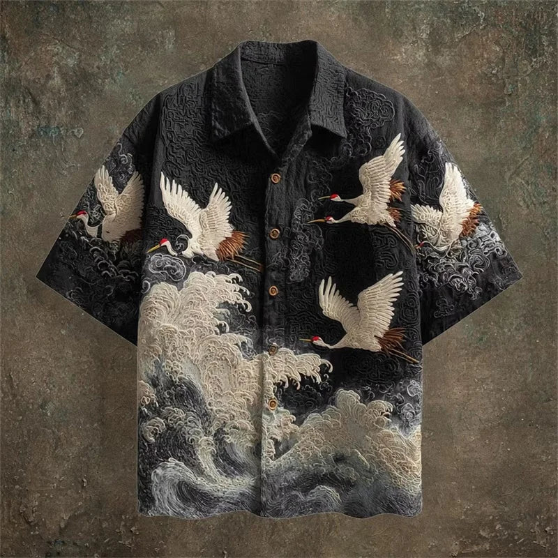 Men's Embossed Crane Print Short Sleeve Shirt