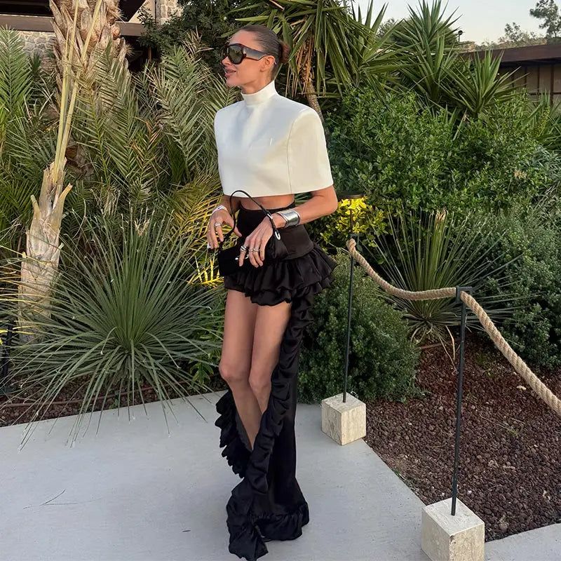 Women's Cape Crop Top and Pleated Mini Skirt Set