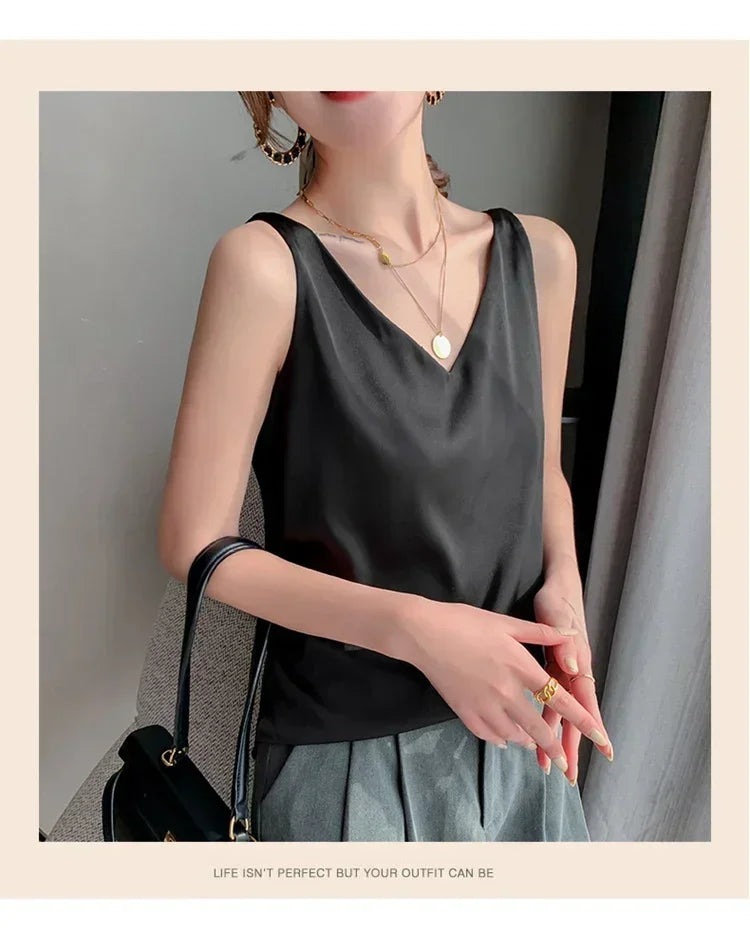 Summer New Silk Top Special Offer Sexy Strap Women's V-neck Printed Letter Tank Top Korean Fashion Solid Color Thin T-shirt
