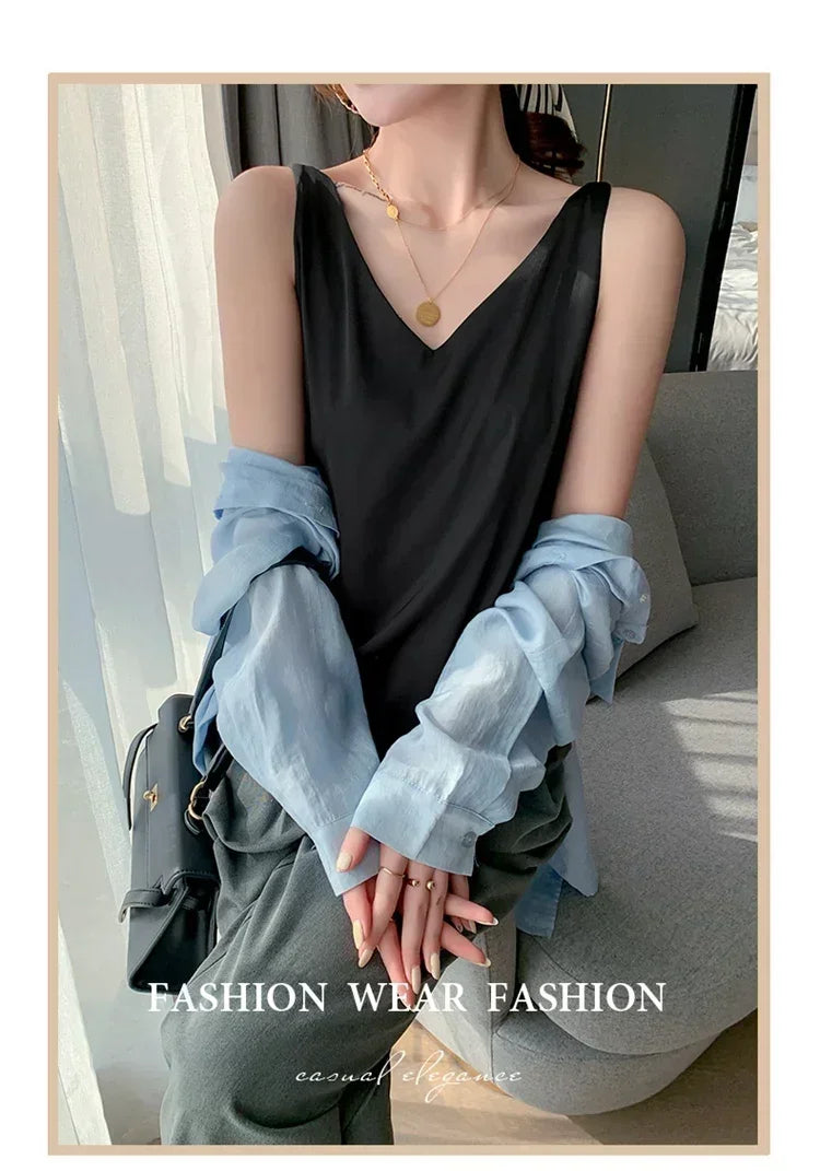 Summer New Silk Top Special Offer Sexy Strap Women's V-neck Printed Letter Tank Top Korean Fashion Solid Color Thin T-shirt