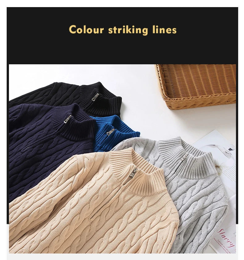 pure Cotton Sweaters Men's High Quality Autumn Cable Knit Christmas Sweater With Zipper Turtleneck Pullovers Zipper Pull Homme