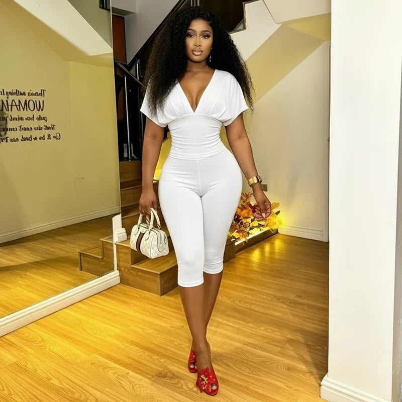 Joskaa Casual Solid 2 Piece Sets Women Sexy V-Neck Ruched Half Sleeve Top and Tight Cropped Pants Matching Tracksuits Streetwear