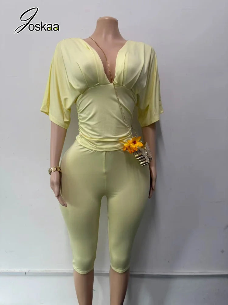 Joskaa Casual Solid 2 Piece Sets Women Sexy V-Neck Ruched Half Sleeve Top and Tight Cropped Pants Matching Tracksuits Streetwear