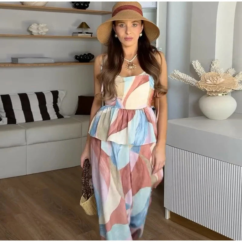 Women's Pastel Print Cami Top and Wide Leg Pants Set