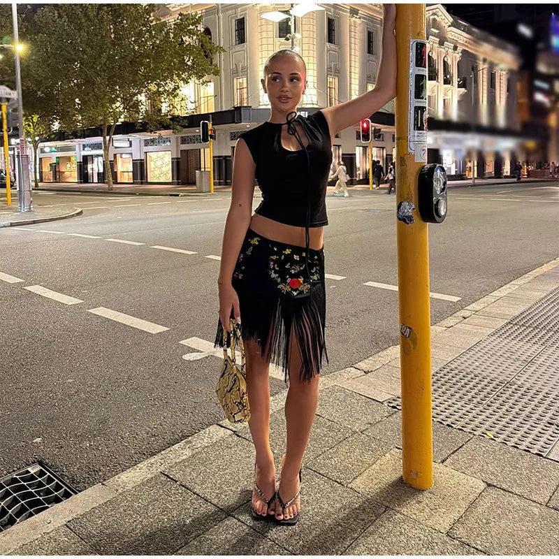 Casual Embroidery Mini Skirts Women Tassel Patchwork Low Waist Lady Short Irregular Skirts Female 2026 Summer Lady Bottoms Chic