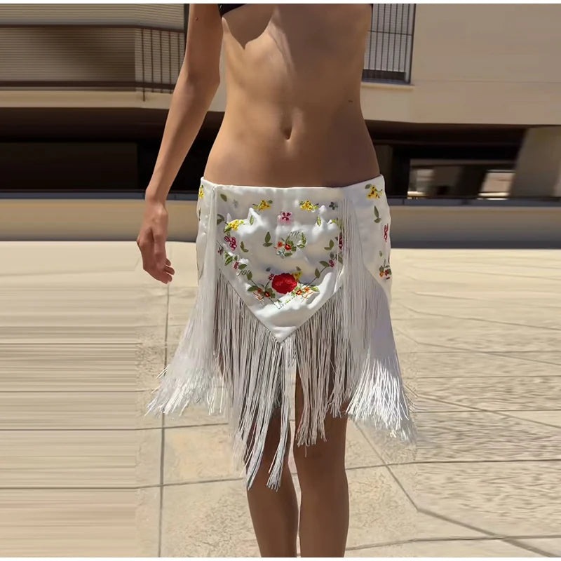 Casual Embroidery Mini Skirts Women Tassel Patchwork Low Waist Lady Short Irregular Skirts Female 2026 Summer Lady Bottoms Chic