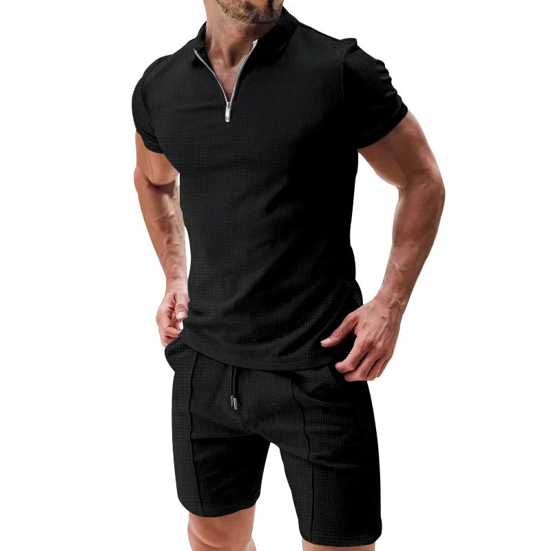 2026 Men Europe and the United States new summer Waffle solid color zip-up lapel short-sleeve suit shorts two sets