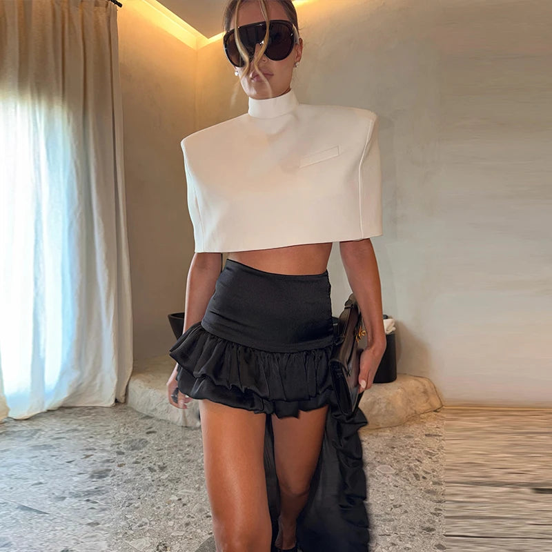 Women's Cape Crop Top and Pleated Mini Skirt Set