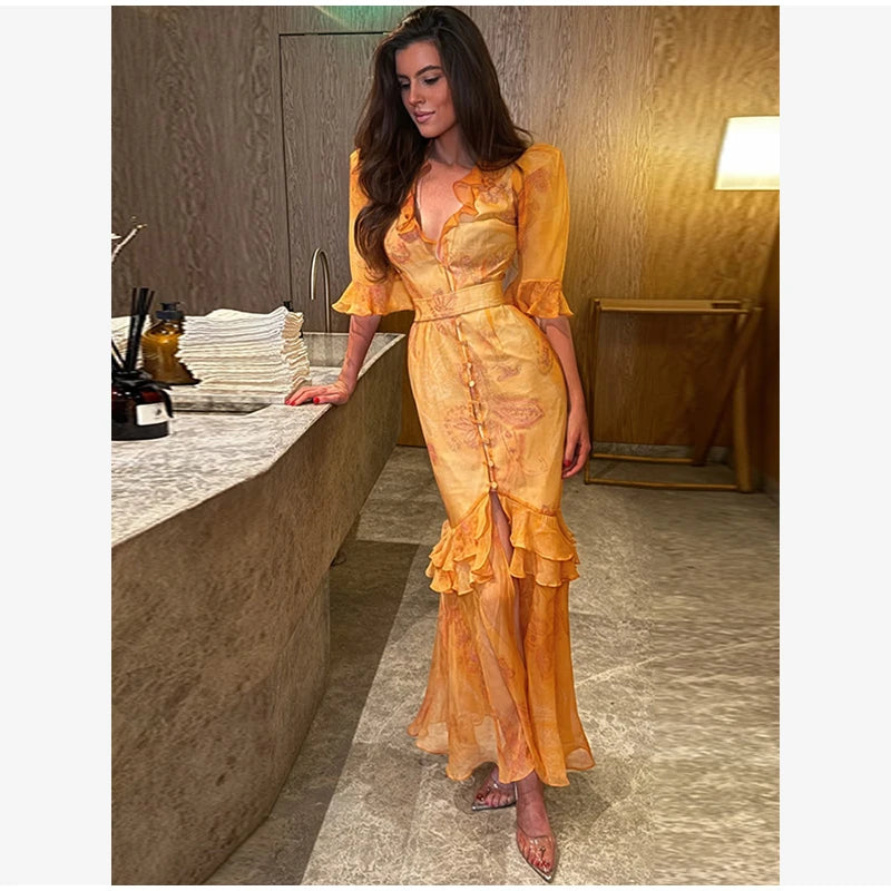 Women's Floral Puff Sleeve Maxi Dress