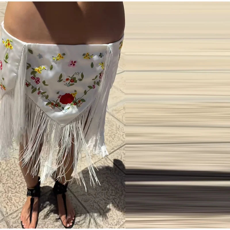Casual Embroidery Mini Skirts Women Tassel Patchwork Low Waist Lady Short Irregular Skirts Female 2026 Summer Lady Bottoms Chic