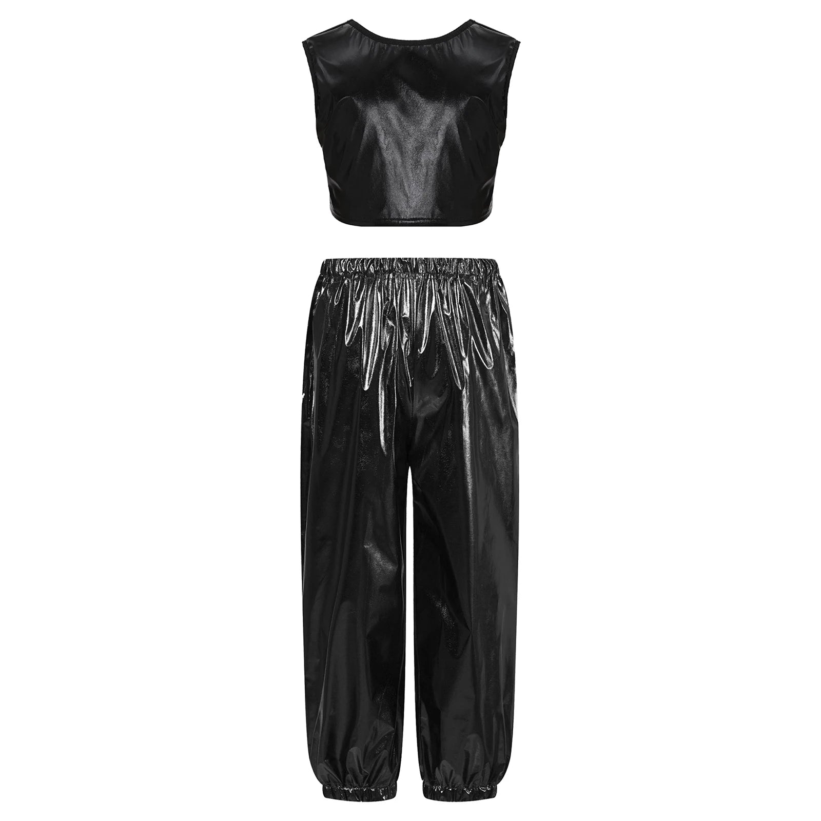 Kids Girls Boys Fashion Clothes Set Metallic Shiny T-shirt with Pants Suit for Jazz Hip Hop Street Dance Performance Costume