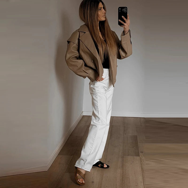 Casual Solid Pu Jackets Women Fashion Loose Khaki Lapel Double Breasted Leather Coat Female 2026 Autumn Lady Outwears Chic
