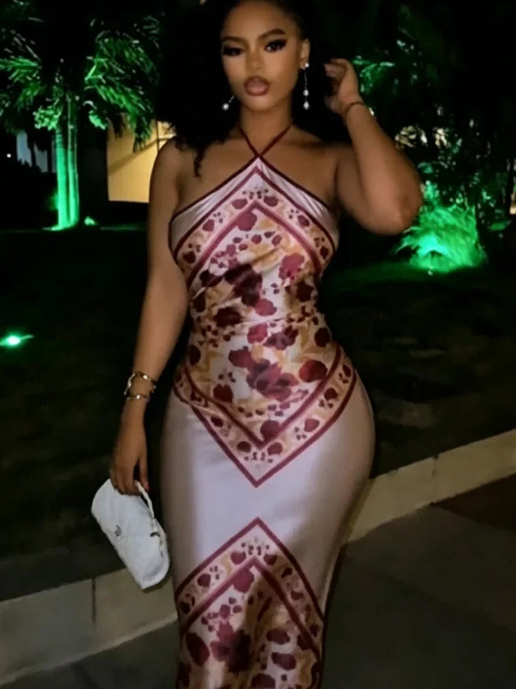 Women's Floral Satin Slim Bodycon Dress
