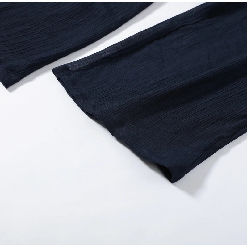 Casual Pleated Cardigan Pants Set V-neck Drop Shoulder Flared Sleeves Belt Waist Shirt Wide Leg Pants 2026 Chic Lightweight Sets