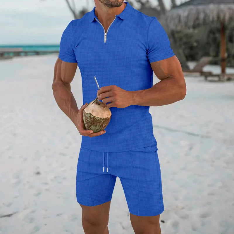 Men's Comfortable Short-Sleeved Waffle Polo Shirt And Shorts Set - Breathable Lightweight Spring/Summer Clothing