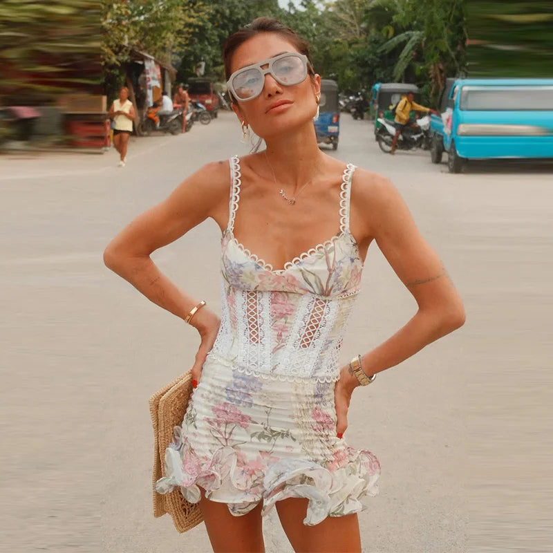 Floral Print 2 Piece Set Scallop Trim Spaghetti Strap Hollow Out Corset Top Smocked Waist Ruffle Hem 2026 Summer Beach Vacation