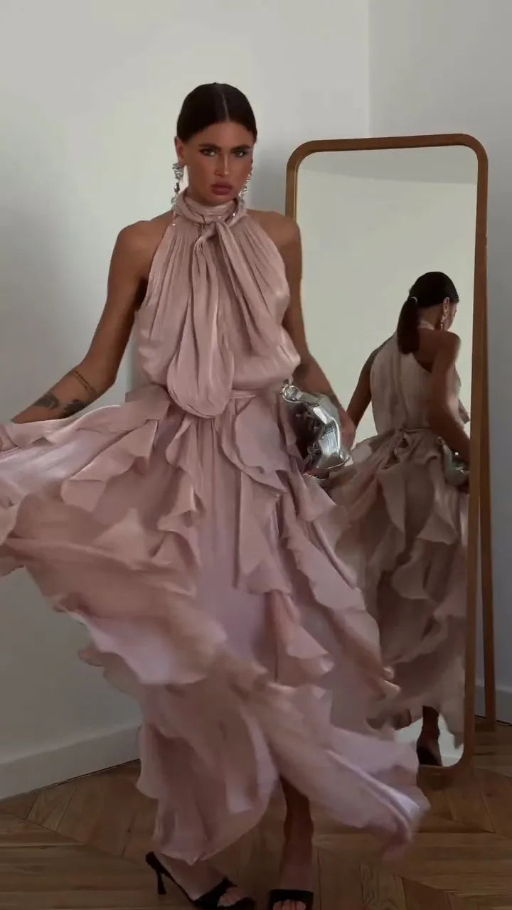 Women's Cascading Ruffle Lace-Up Long Dress