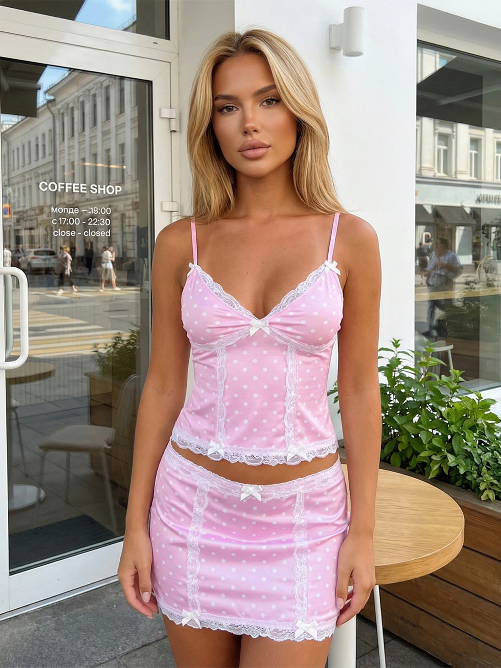 Women Summer Skirt Sets Dot Print Lace Trim Spaghetti Strap V-Neck Sleeveless Cami Tops Mini Skirts 2 Pieces Clothes Outfits