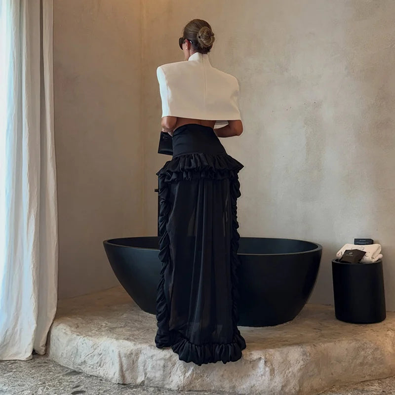 Women's Cape Crop Top and Pleated Mini Skirt Set