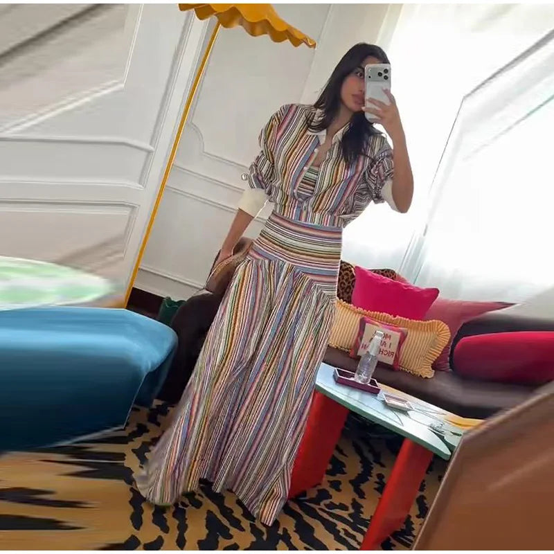 Women's Striped Shirt and Pleated Maxi Skirt Set