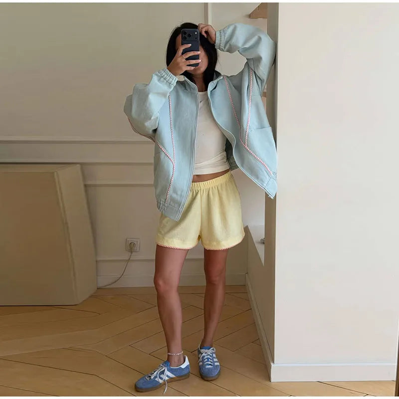 Women's Denim Stand Collar Bomber Jacket
