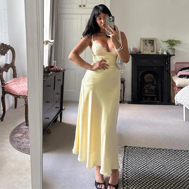 Women's Backless Satin V-Neck Sling Sundress