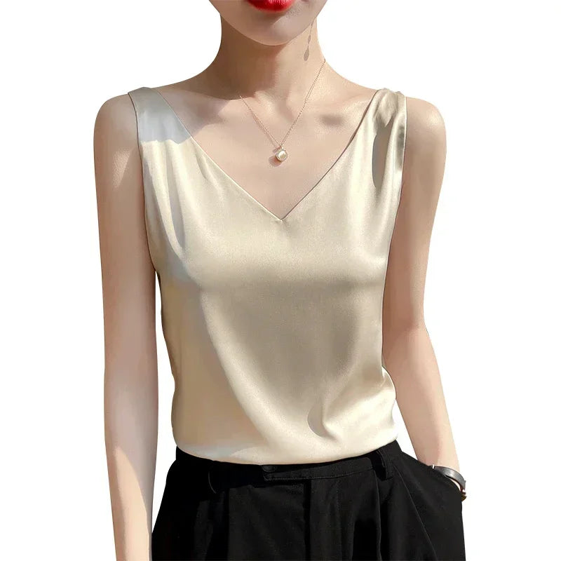 Summer New Silk Top Special Offer Sexy Strap Women's V-neck Printed Letter Tank Top Korean Fashion Solid Color Thin T-shirt