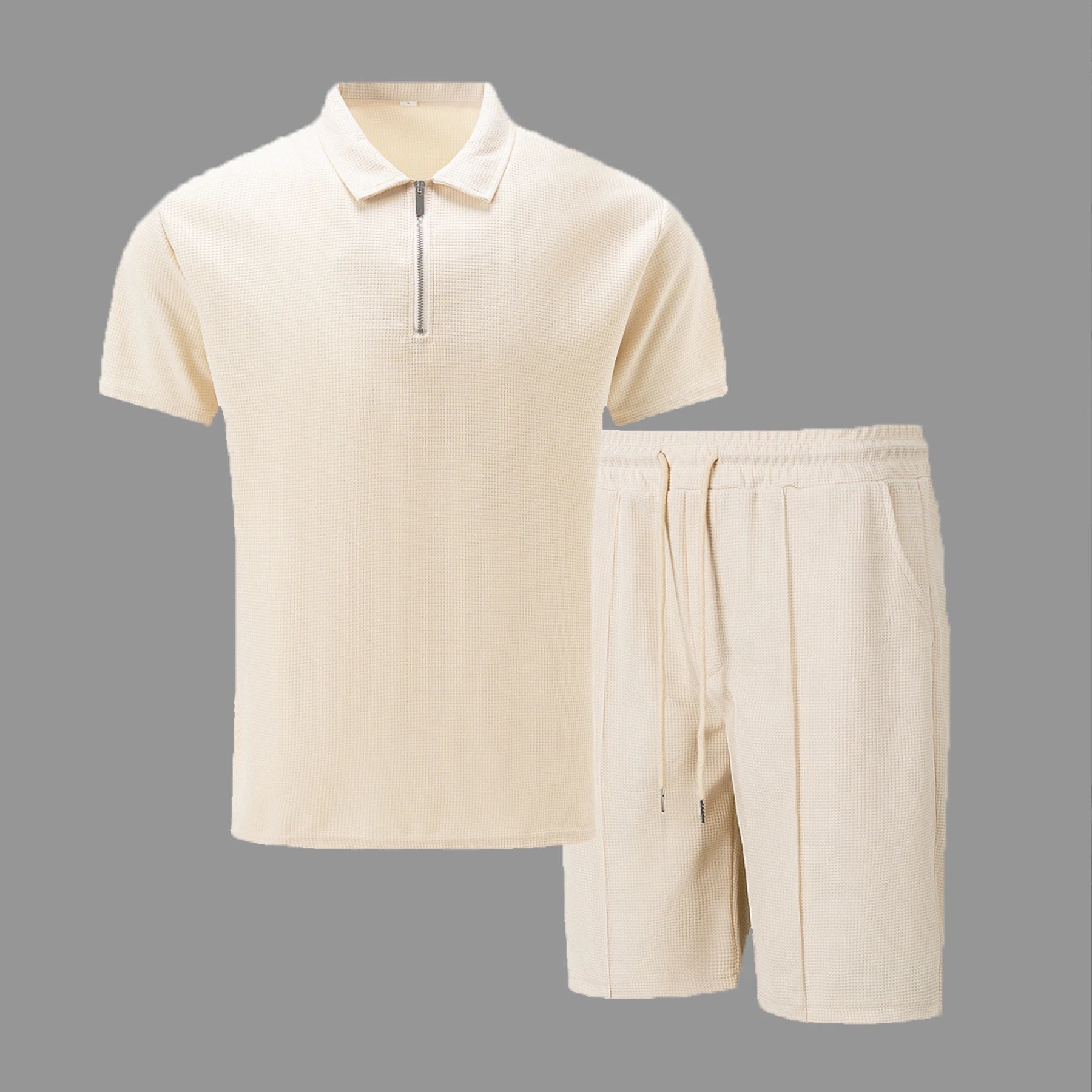 Men's Comfortable Short-Sleeved Waffle Polo Shirt And Shorts Set - Breathable Lightweight Spring/Summer Clothing