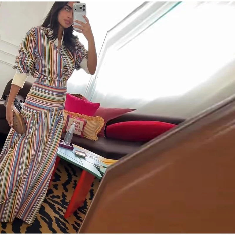 Women's Striped Shirt and Pleated Maxi Skirt Set