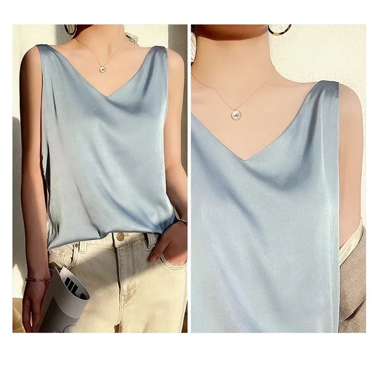 Summer New Silk Top Special Offer Sexy Strap Women's V-neck Printed Letter Tank Top Korean Fashion Solid Color Thin T-shirt