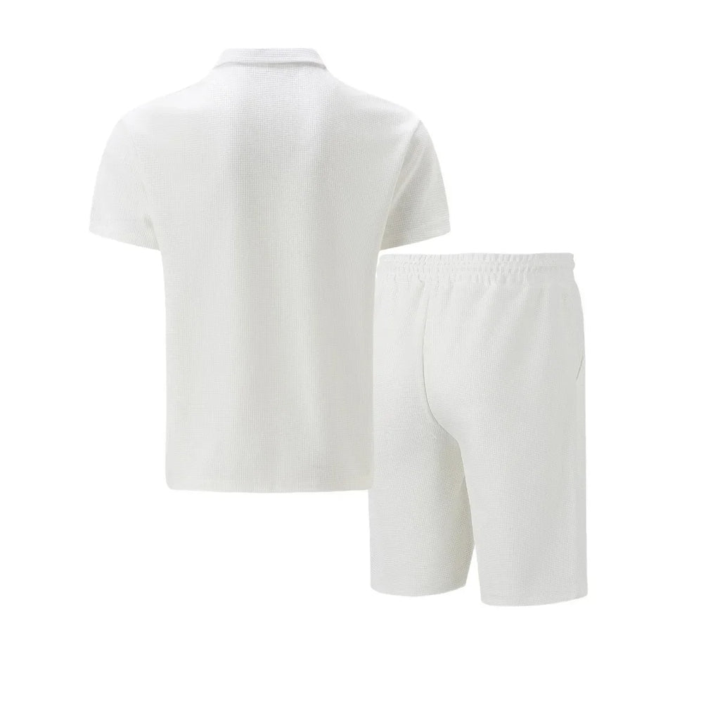 Men's Summer Waffle Short-Sleeve Suit Shorts Zip-Up Lapel Solid Color Two Sets Europe And US Style 2026