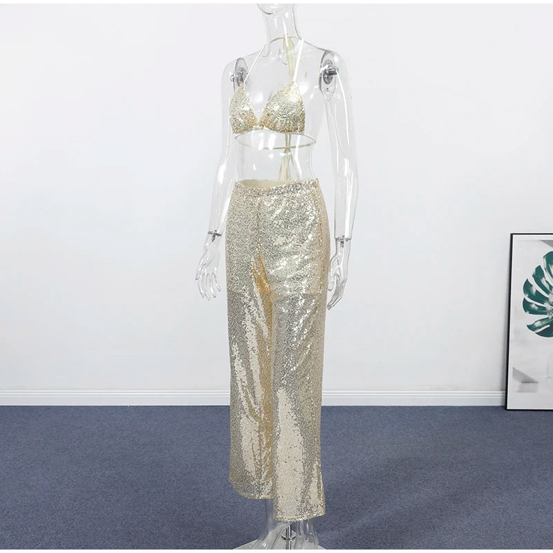 Women's Sequin Halter Top and Wide Leg Pants Set