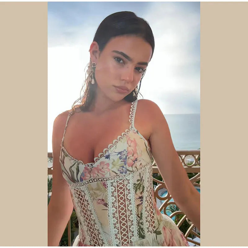 Floral Print Women Mini Skirt Set Lace Sleeveless Hollow Out Cami Shirred Waist Ruffle Hem Short Skirts 2026 Summer Chic Suit