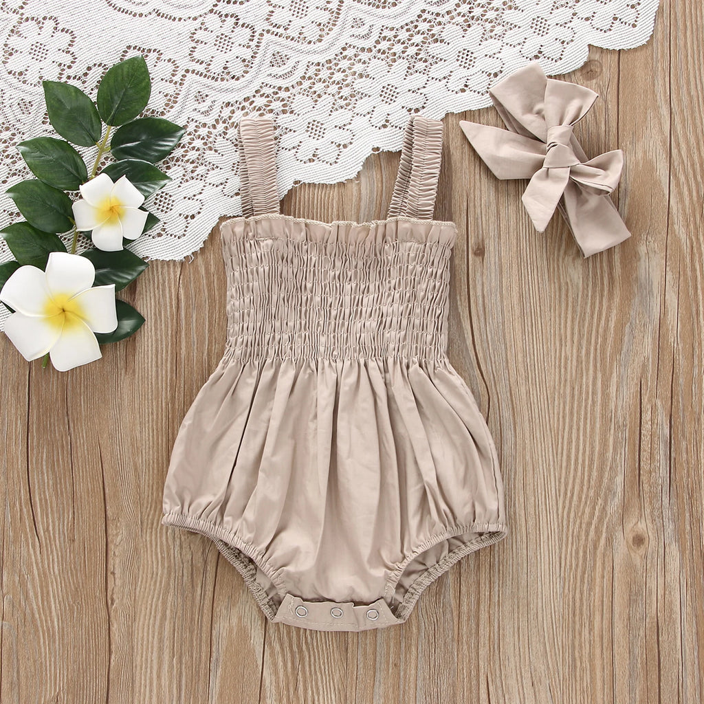 Citgeett Summer Infant Baby Girls Jumpsuit Outfit Solid Color Casual Sleeveless Suspender Jumpsuit Headband Clothes