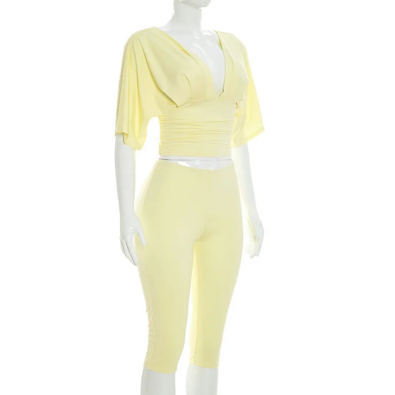 Joskaa Casual Solid 2 Piece Sets Women Sexy V-Neck Ruched Half Sleeve Top and Tight Cropped Pants Matching Tracksuits Streetwear