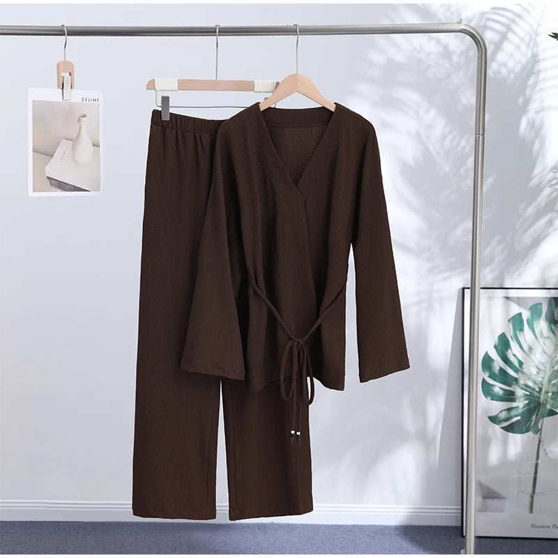Casual Pleated Cardigan Pants Set V-neck Drop Shoulder Flared Sleeves Belt Waist Shirt Wide Leg Pants 2026 Chic Lightweight Sets