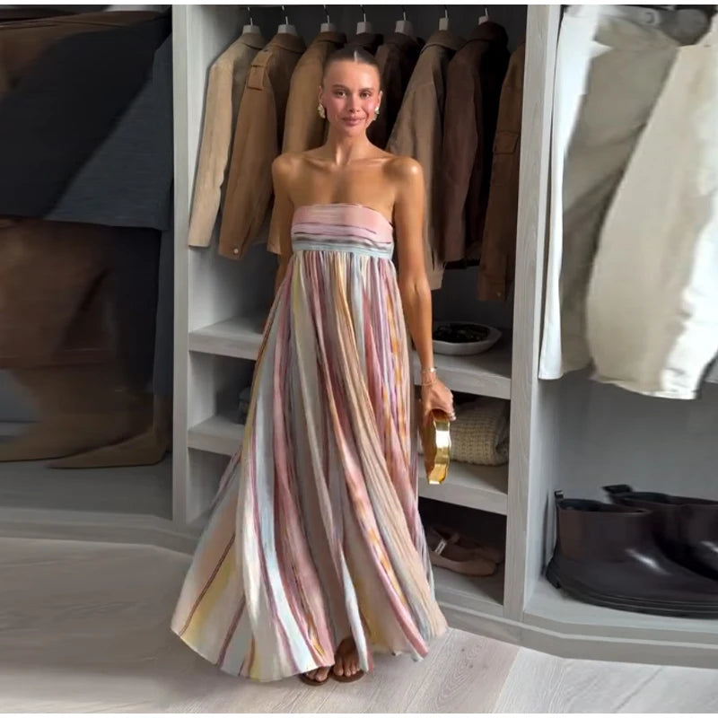 Women's Striped Shirt and Pleated Maxi Skirt Set