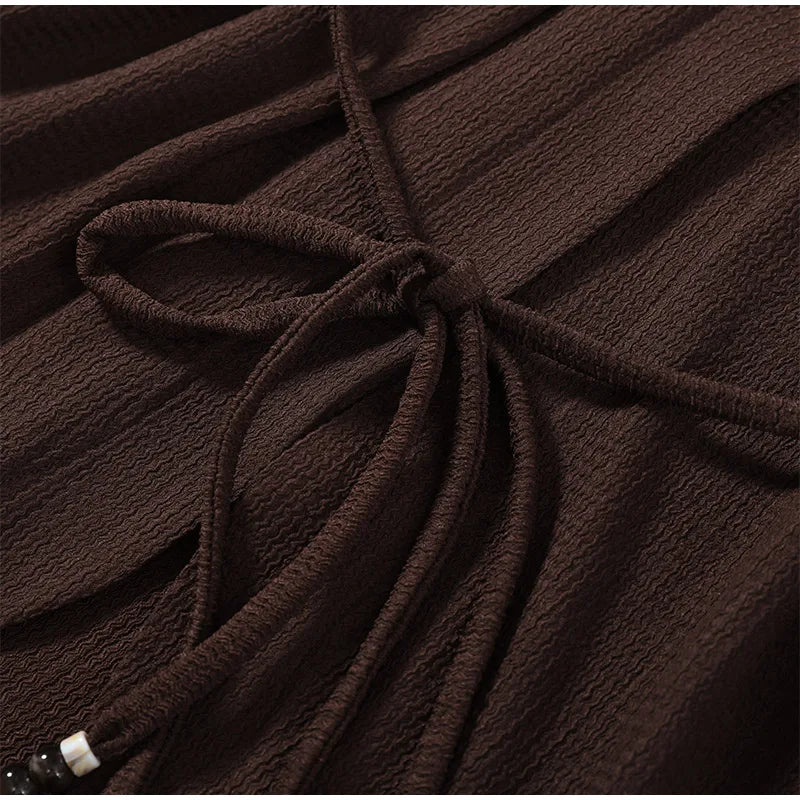 Casual Pleated Cardigan Pants Set V-neck Drop Shoulder Flared Sleeves Belt Waist Shirt Wide Leg Pants 2026 Chic Lightweight Sets