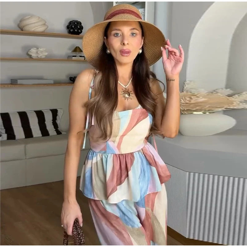 Women's Pastel Print Cami Top and Wide Leg Pants Set