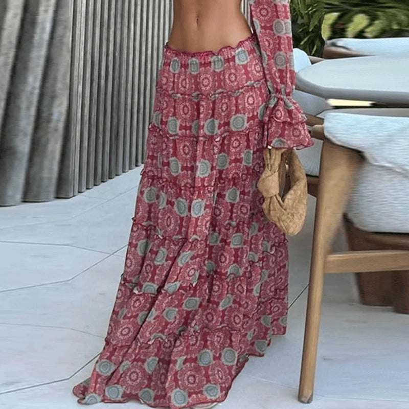Women's Off Shoulder Crop Top and Floor-Length Skirt Set