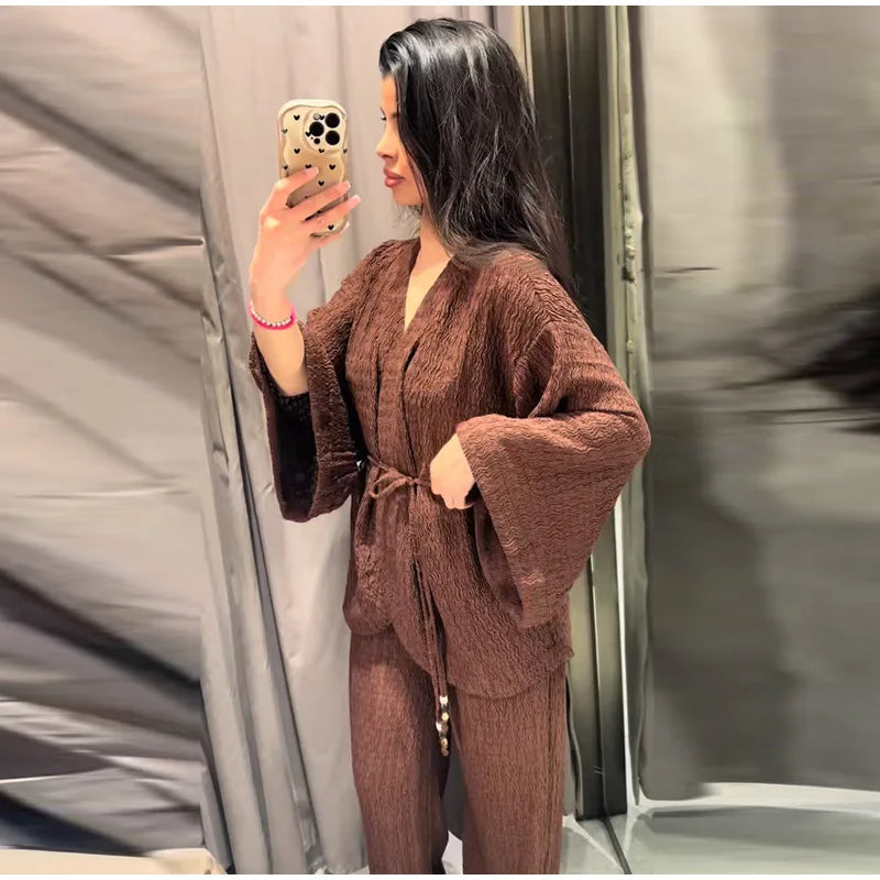 Casual Pleated Cardigan Pants Set V-neck Drop Shoulder Flared Sleeves Belt Waist Shirt Wide Leg Pants 2026 Chic Lightweight Sets