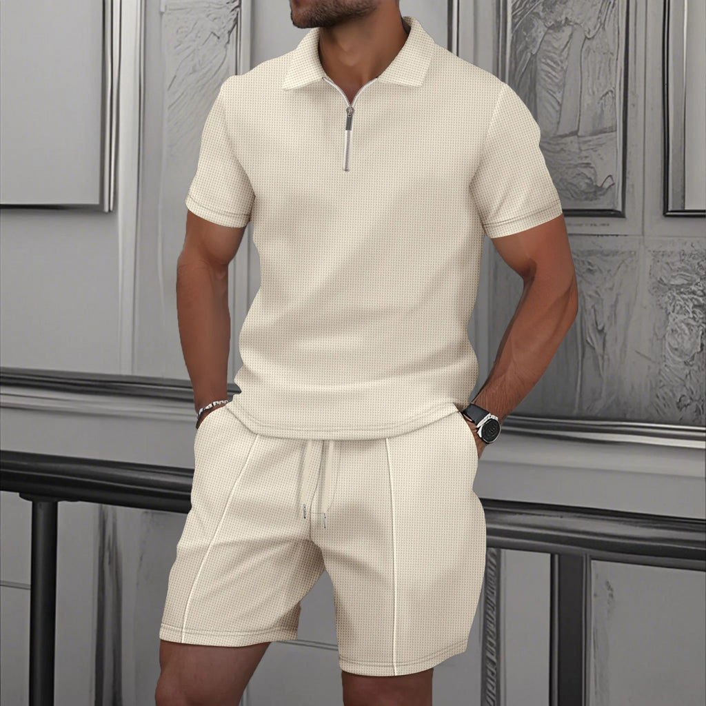 Men's Comfortable Short-Sleeved Waffle Polo Shirt And Shorts Set - Breathable Lightweight Spring/Summer Clothing