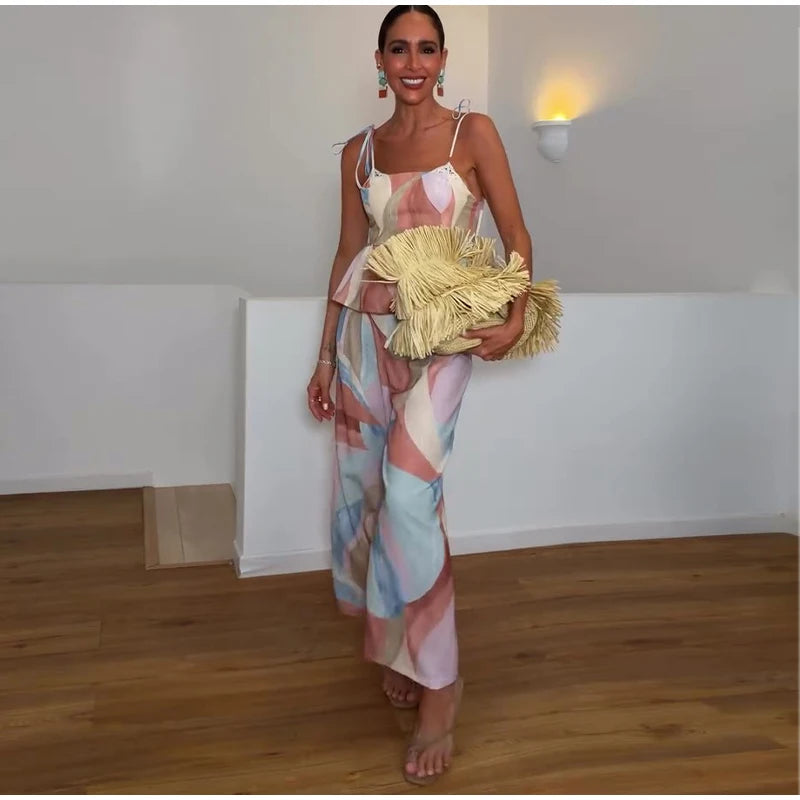 Women's Pastel Print Cami Top and Wide Leg Pants Set