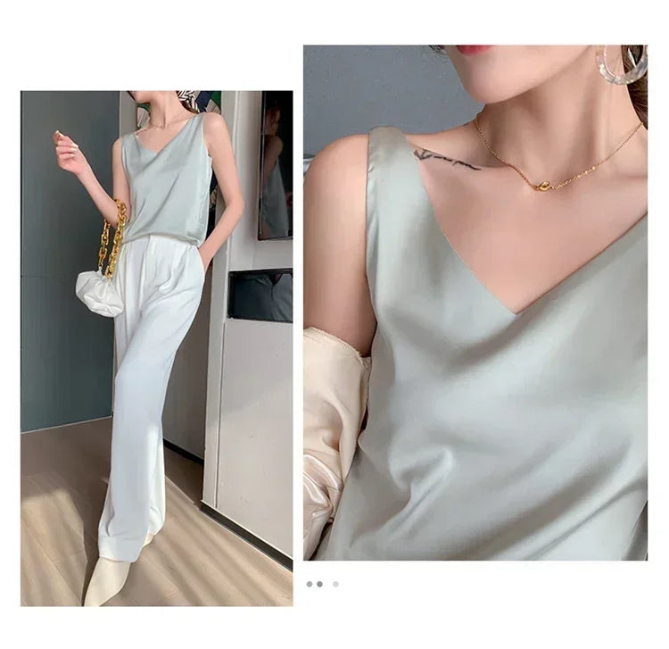 Summer New Silk Top Special Offer Sexy Strap Women's V-neck Printed Letter Tank Top Korean Fashion Solid Color Thin T-shirt