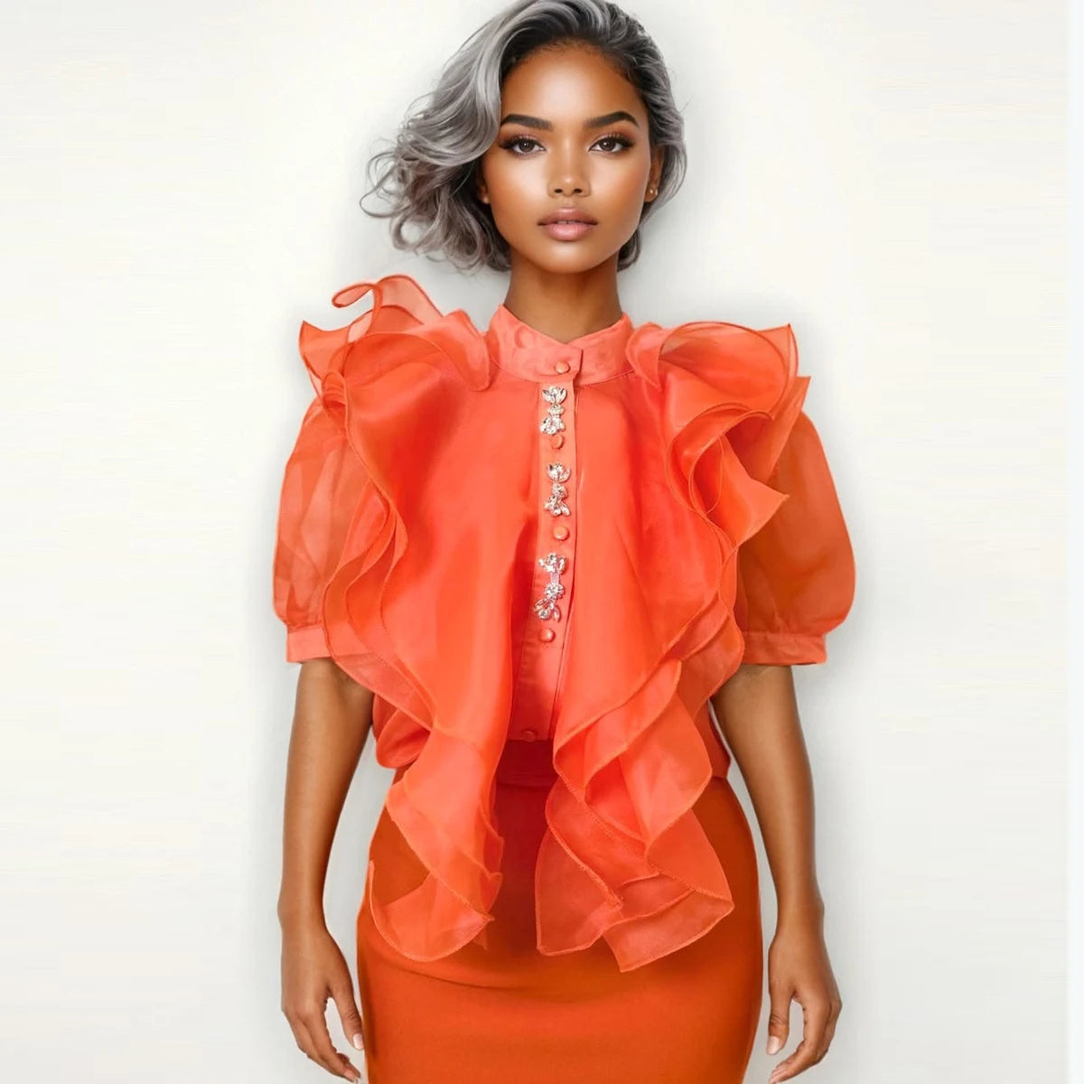 Orange Organza Ruffle Puff Sleeve Blouse