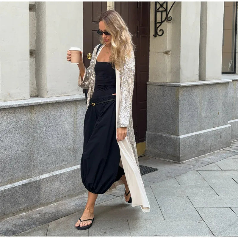 2026 Autumn Sequined Women Long Jacket Urban Full Sleeve Lining Pleated V-neck Cardigan Female Streetwear Fashion Lady Outwear