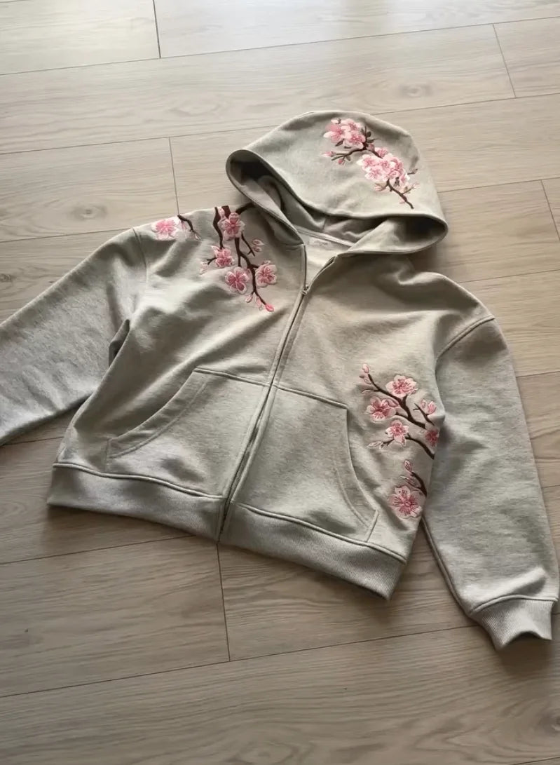 Y2K Cherry Blossom Embroidered Zip Hoodie